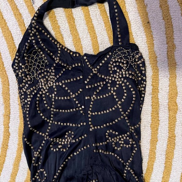 Badgely Mischka Navy Blue Silk Minidress with Gold Embellishments - Picture 7 of 7